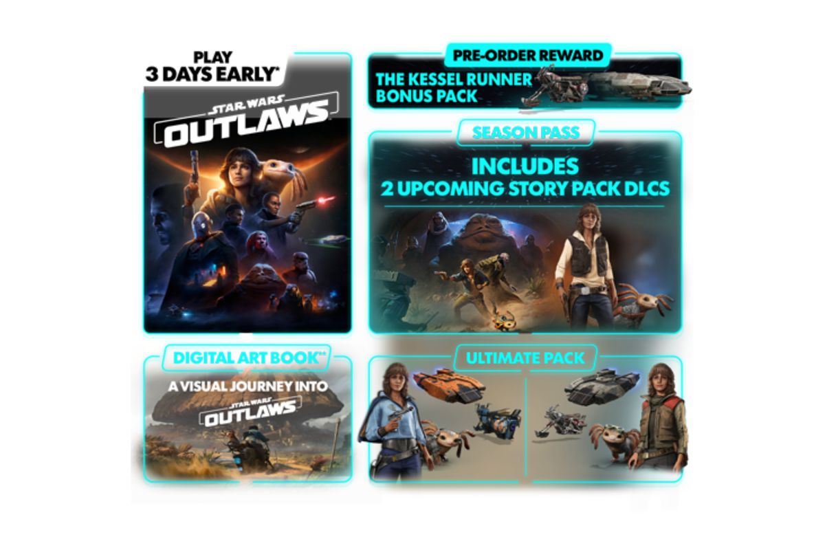 En bild som visar vad som ingår i Star Wars Outlaws ultimata utgåva som kostar $129,99.  I första hand ger det spelare tre dagars tidig åtkomst, plus extra berättelseinnehåll och ett överflöd av kosmetisk DLC.