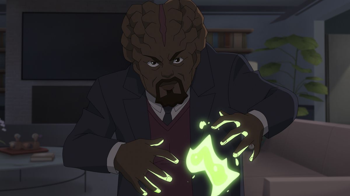 Angstrom Levy and his bulbous-ass head create a green portal in a living room in Invincible season 2