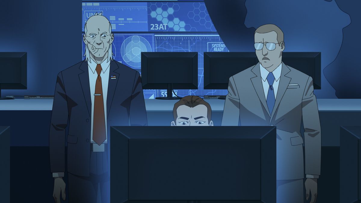 Cecil Steadman and Donald Ferguson look at a computer monitor together in Invincible season 2