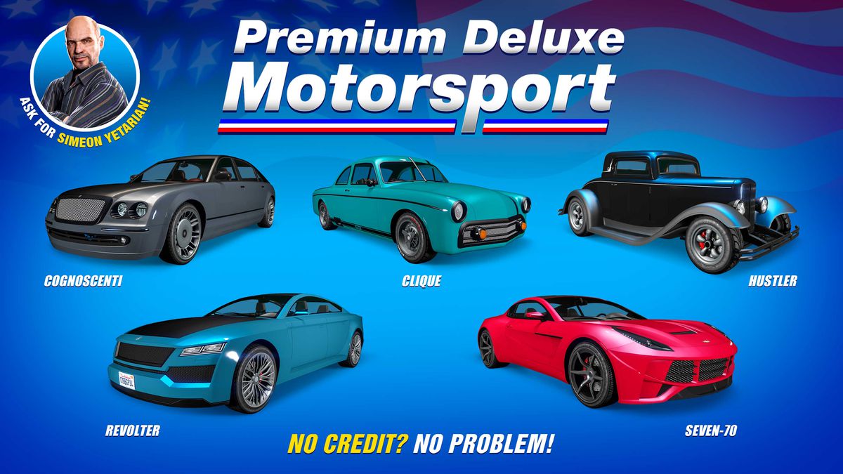 GTA Online-kampanjkonst för Premium Deluxe Motorsport-fordon till salu den här veckan.