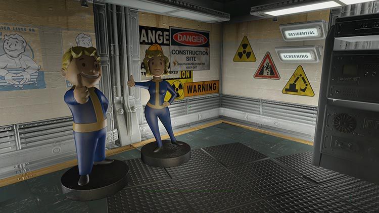 En stillbild från Fallout 4:s Vault-Tec Workshop med två Vault-Tec-maskotar som gör tummen upp framför ett gäng 
