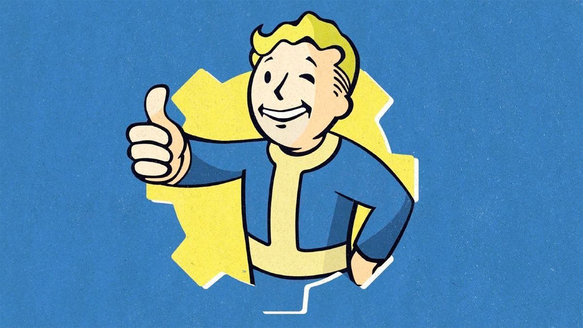 En illustration av Fallout's Vault Boy som gör tummen upp och blinkar.  Han är inramad av en växelformad valvdörr.