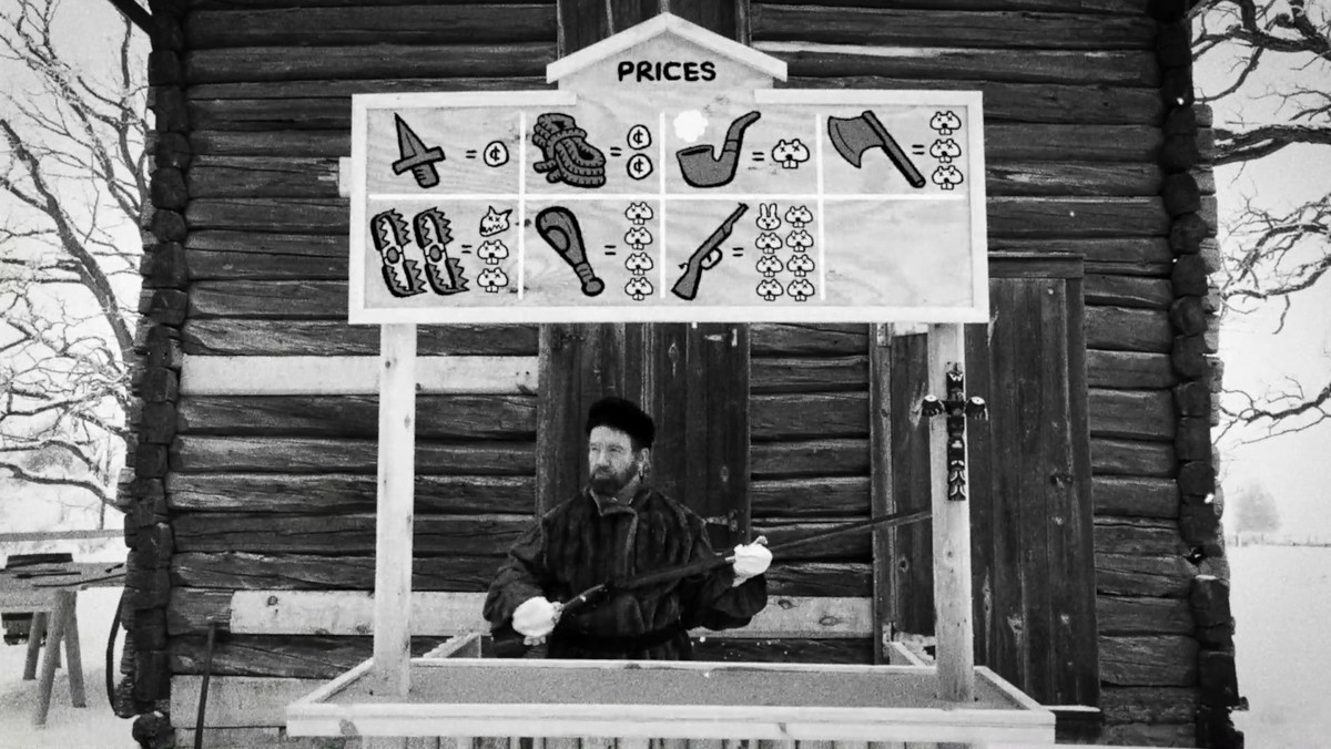 En handlare står bakom sitt stall, med priser för föremål som visas i en videospelsliknande herrgård, i Hundreds of Beavers