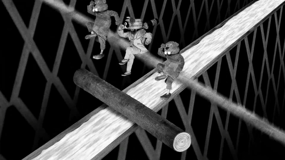En man i en fångstdräkt och två bävrar hoppar över ett hinder medan de springer på en stock, som i ett Mario-spel