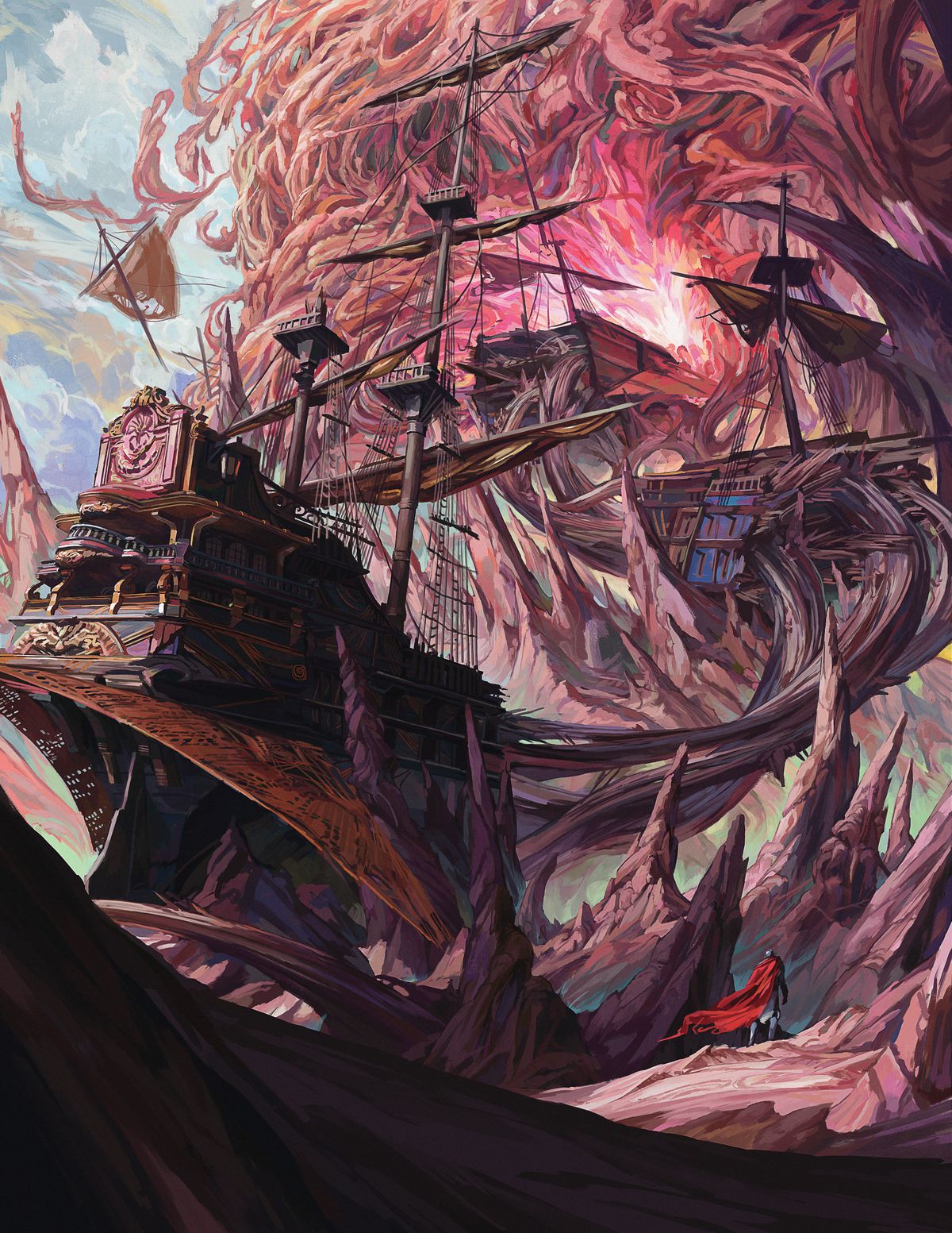 En pansarfigur står på ett främmande lila landskap.  Ovanför dem konst två halvor av ett skepp med hög mast inhyst i en stor rosa vägg i udda vinklar.