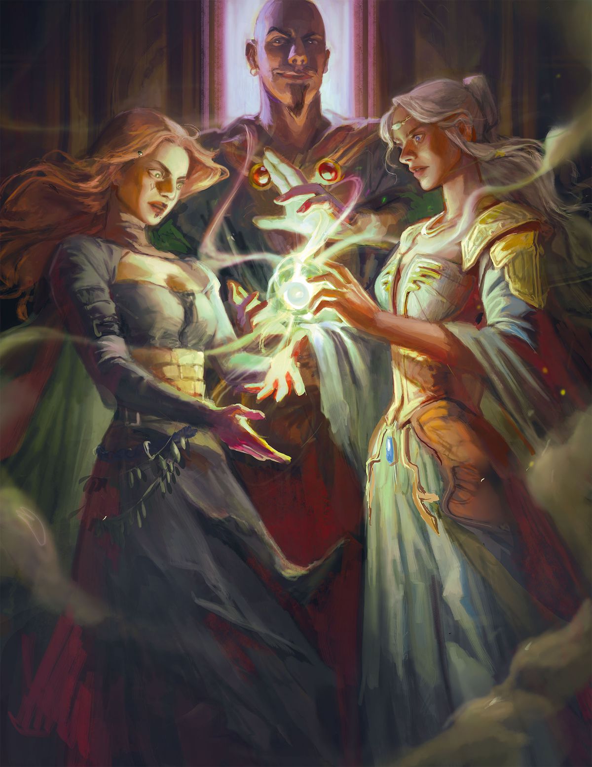 Tre trollkarlar kastar en kraftfull förtrollning i ett stort konstverk från Vecna: Eve of Ruin.