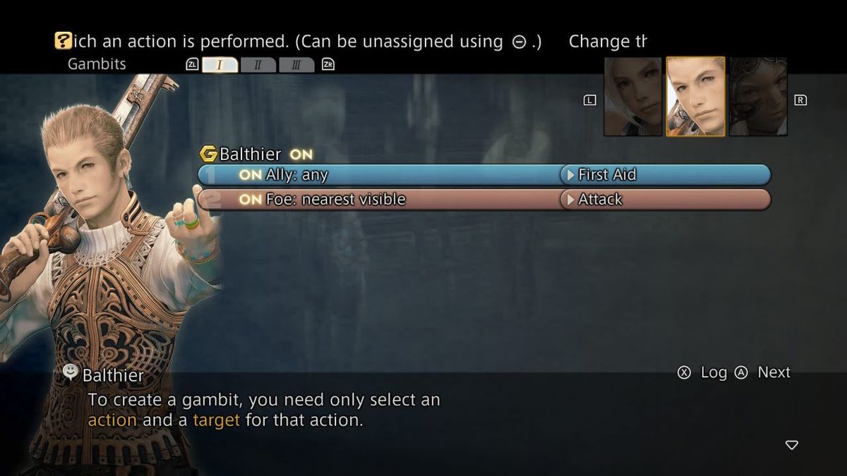 Gambit-handledningsskärmen i Final Fantasy 12, som visar kommandona 