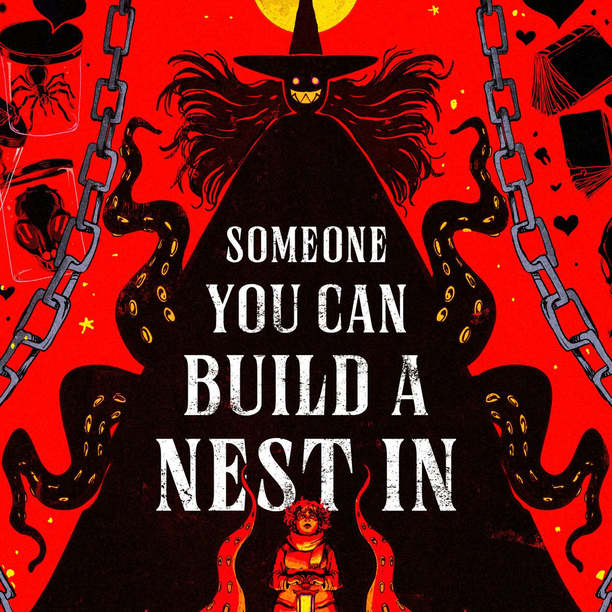 The cover of John Wiswell’s novel Someone You Can Build A Nest In, showing a grinning black shadowy figure in a pointed witch’s hat looming above a small female figure in red light, holding a lantern and surrounded by red tentacles. This version has the title and author’s name.