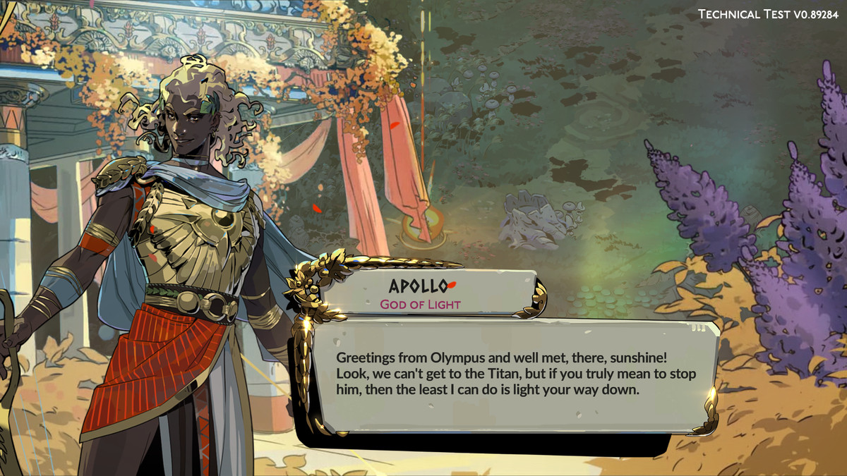 En bild av Apollo i Hades 2. Han har gyllene hår och glittrande rustningar.