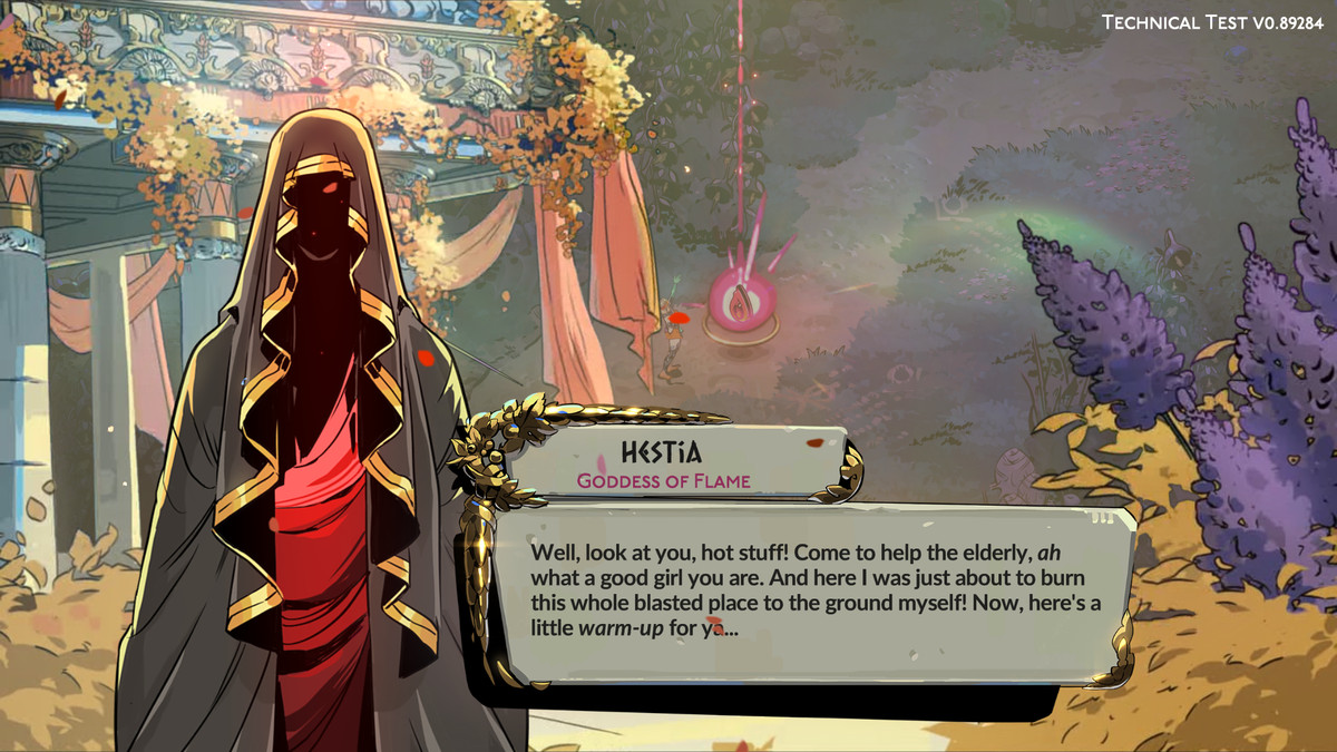 En bild av Hestia i Hades 2. Hon ser ut som en klädd karaktär utan ansikte. 