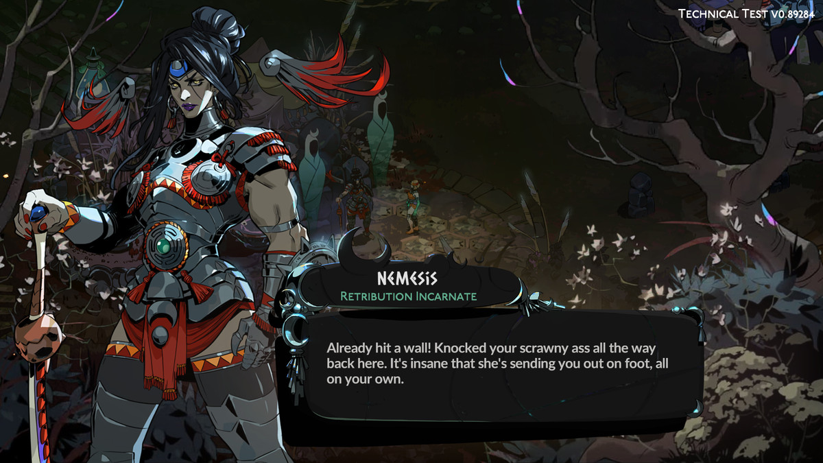 En bild av Nemesis i Hades 2. Hon ser ut som en buff krigare och bär mörk rustning. 
