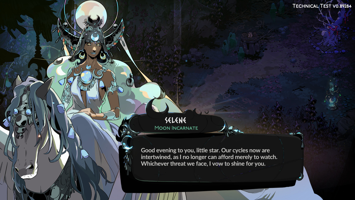 En bild av Selene i Hades 2. Hon rider på en häst och bär långa flödande dräkter när hon är upplyst av månen. 