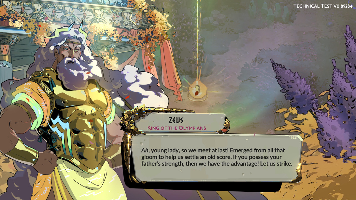 En bild av Zeus i Hades 2. Han är klädd i ett gyllene bröstspel och har långt vitt hår som rinner från hans huvud.  Han står självsäkert med händerna på höfterna. 