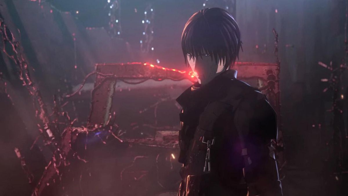 En svarthårig anime-man i svart kostym som står framför en förkolnad, smält hög av metallgaller i Blame!.