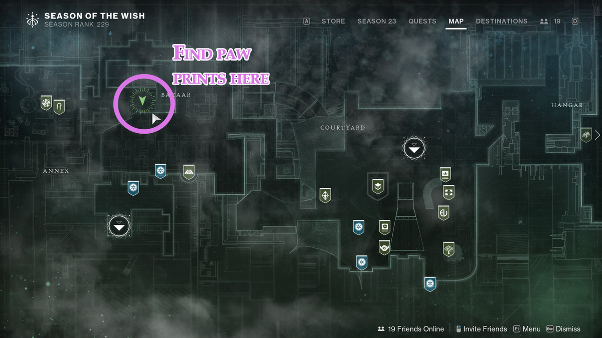 En karta som visar platsen för Archies fotspår i The Tower i Destiny 2