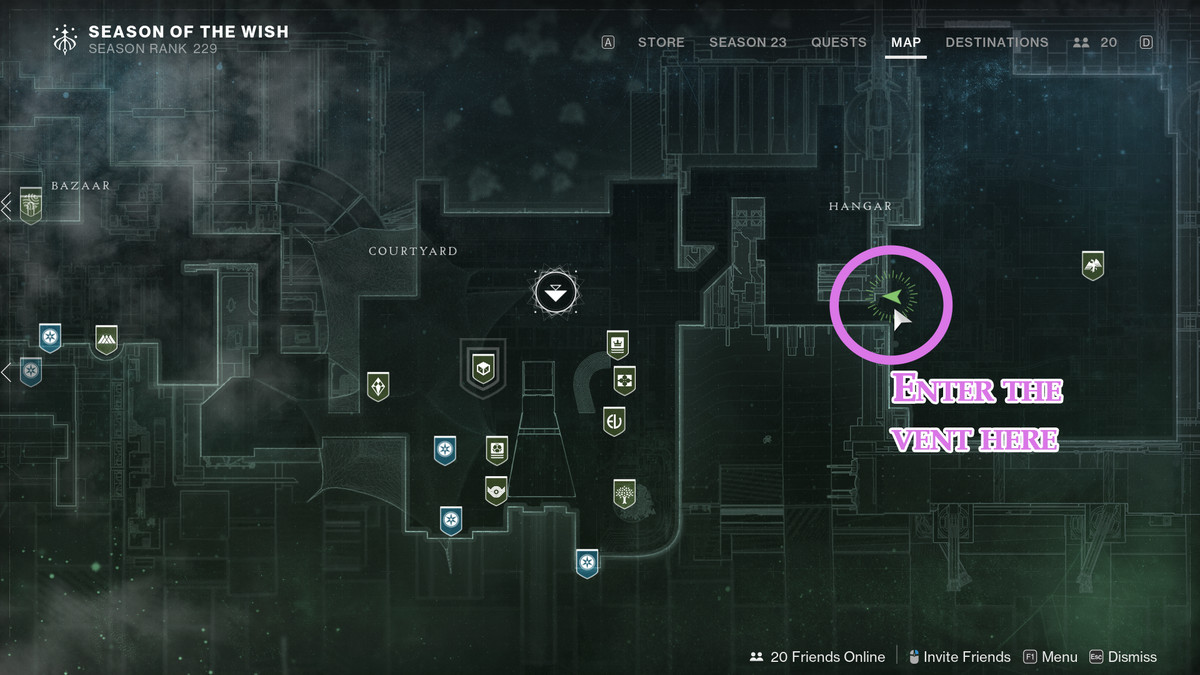 En karta som visar platsen för en hemlig öppning i The Tower i Destiny 2