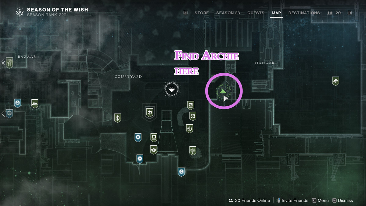 En karta som visar platsen för Archie i The Tower i Destiny 2