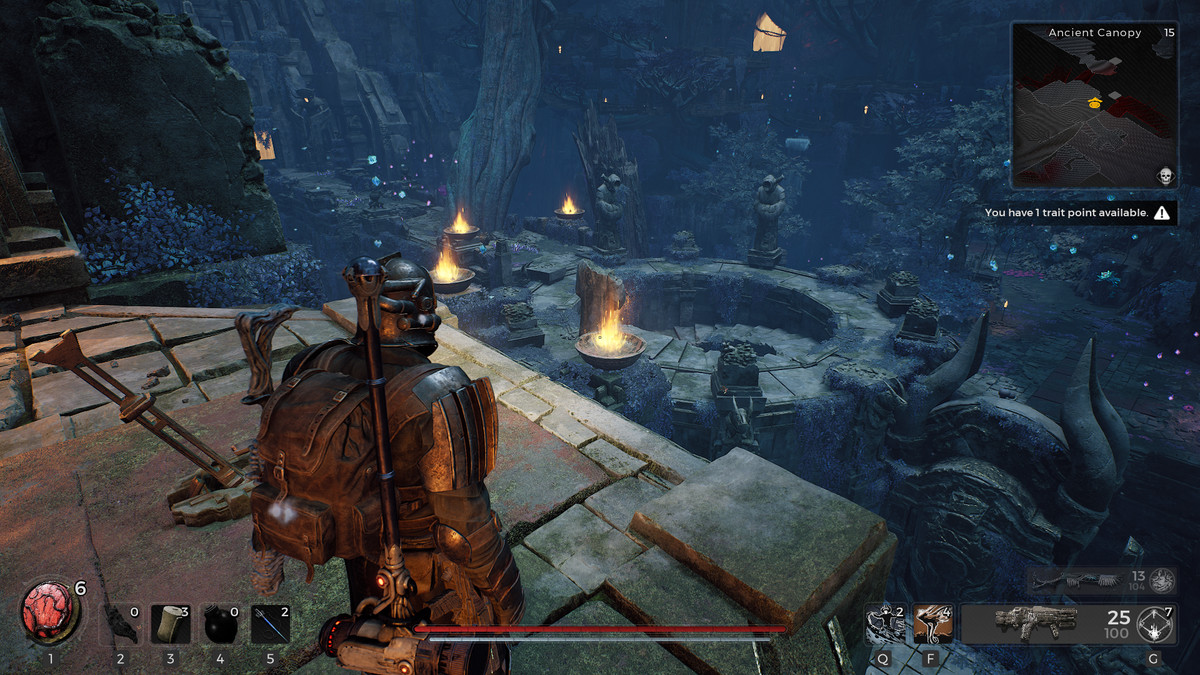 En her har utsikt över ett sjunket torn i Remnant 2:s Forgotten Kingdom DLC