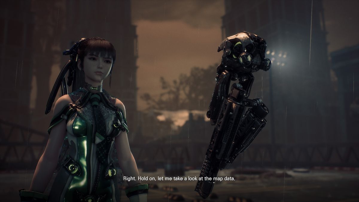 EVE, huvudpersonen i Stellar Blade (till vänster), ser högtidlig ut när hennes robotkamrat (höger) säger till henne, 