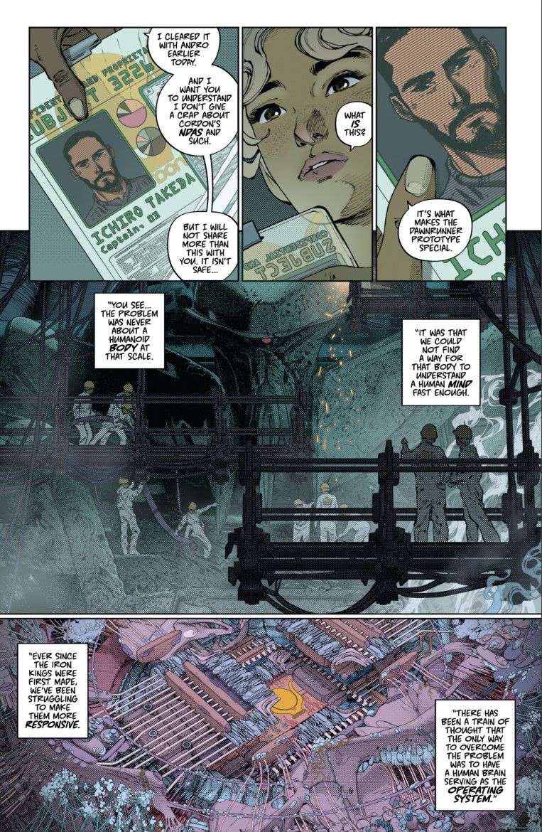 En interiörsida från Dawnrunner #2, med huvudpersonen Anita Marr och underhållsteam som utför reparationer på Dawnrunner.