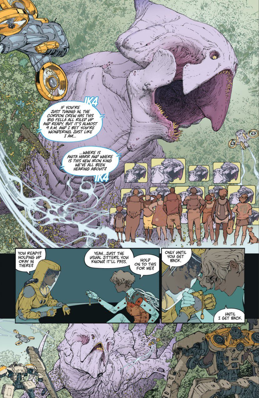 En interiörsida från Dawnrunner #1, som visar en nyhetshelikopter som flyger ovanför en Tetza-varelse som omges av ett par Iron Kings.