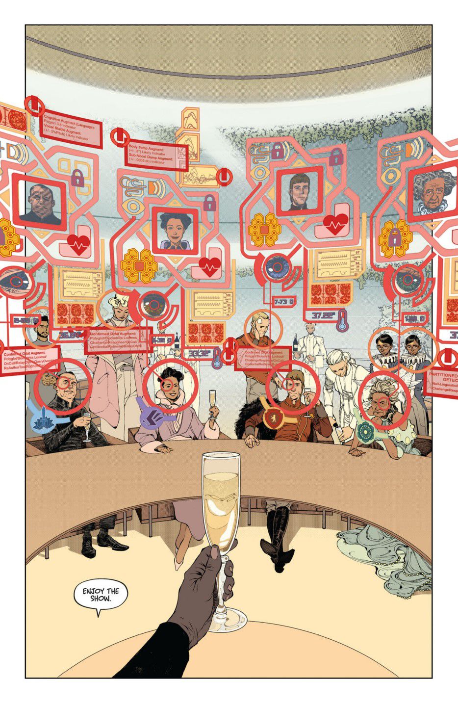 En helsidesillustration från Dawnrunner #1, med en synvinkelbild av en man som håller ett champagneglas mot ett bord med gäster som identifierats genom en heads-up-display med augmented reality.