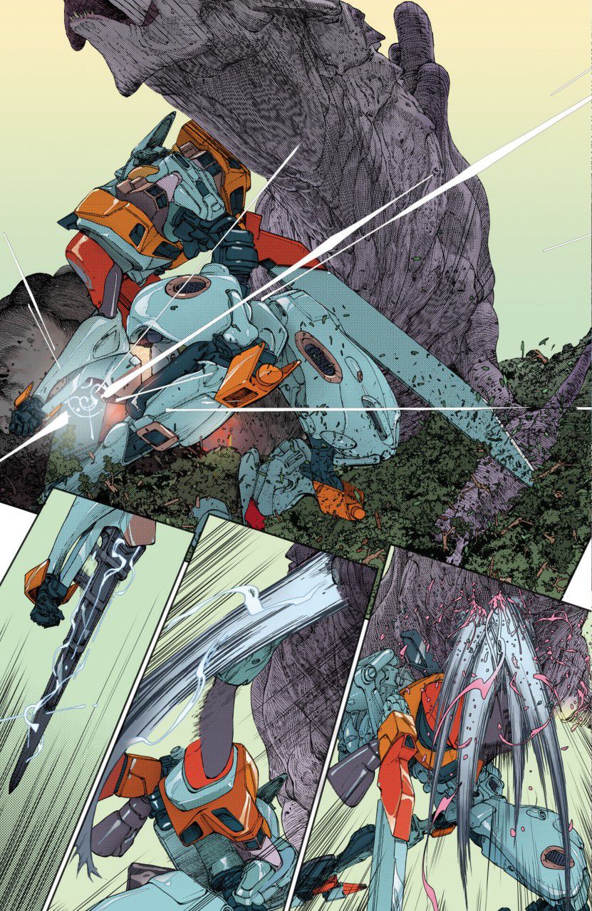 En inredningssida från Dawnrunner #1, föreställande Dawnrunner Iron King som lyfter upp en Tetza och sticker den med ett handledsmonterat svärd.