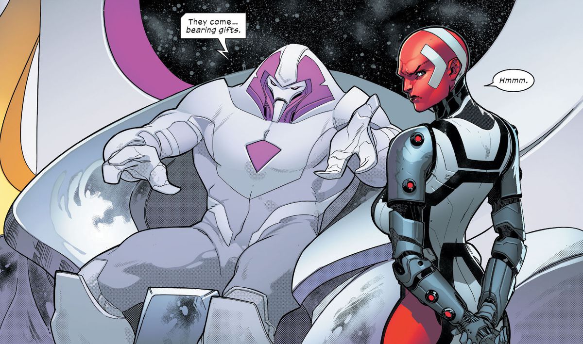 Nimrod och Omega Sentinel, två avancerade Sentinel-versioner, i det potentiella framtida Human-Machine-Mutant War 100 år efter vår nuvarande, i Powers of X #1, Marvel Comics (2019).