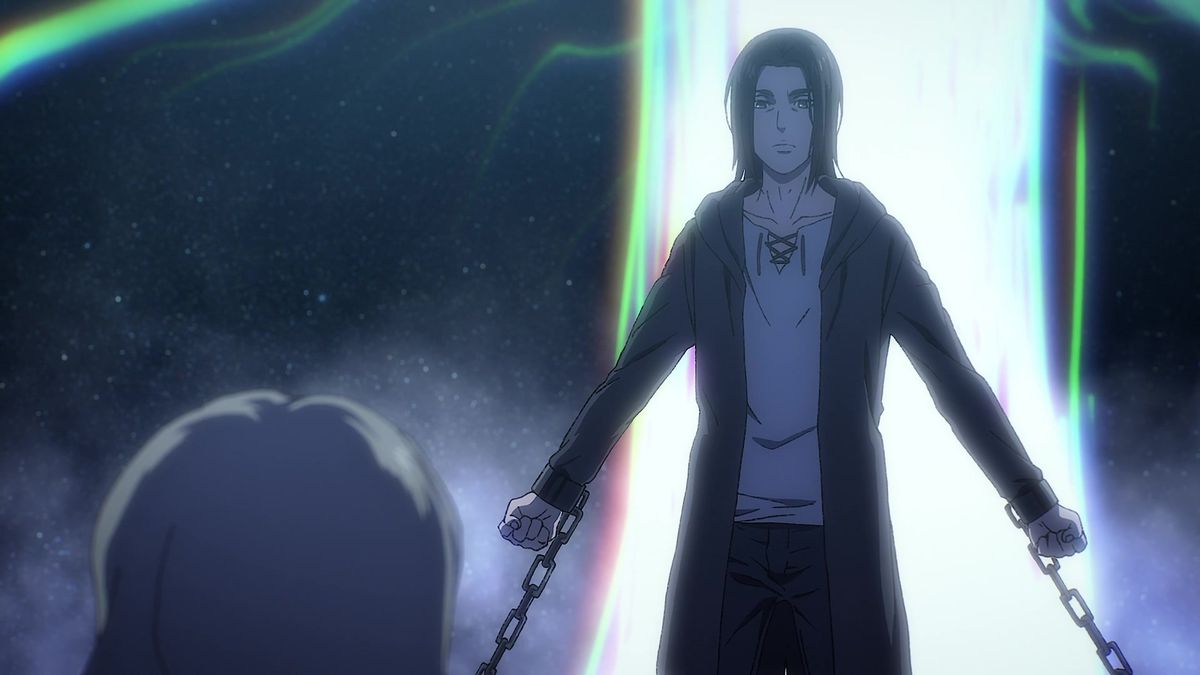 En långhårig anime-man med bojor runt handlederna står med en gigantisk glödande pelare bakom sig och en becksvart stjärnklar natt.