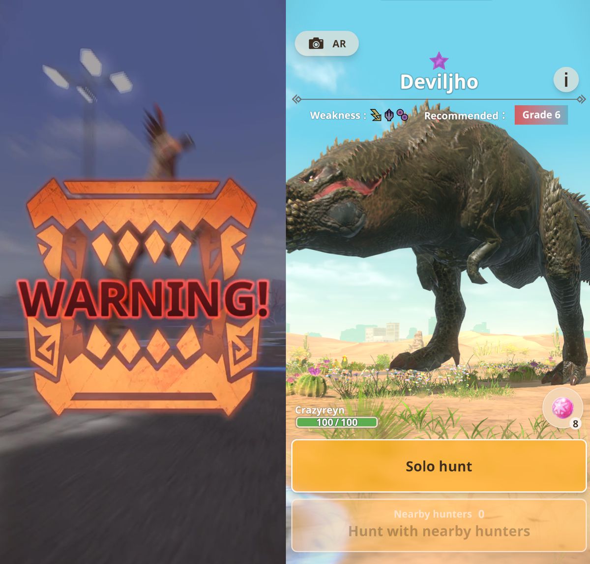 Två sida vid sida skärmdumpar som visar varningstext och ett Deviljho-möte i Monster Hunter Now.