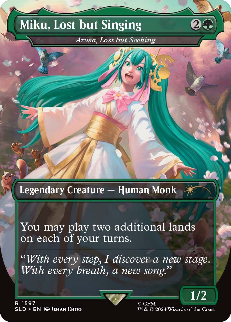 En bild som visar ett kort med Miku som sjunger runt sakura-blommor i Secret Lair x Hatsune Miku Magic the Gathering-kortet.