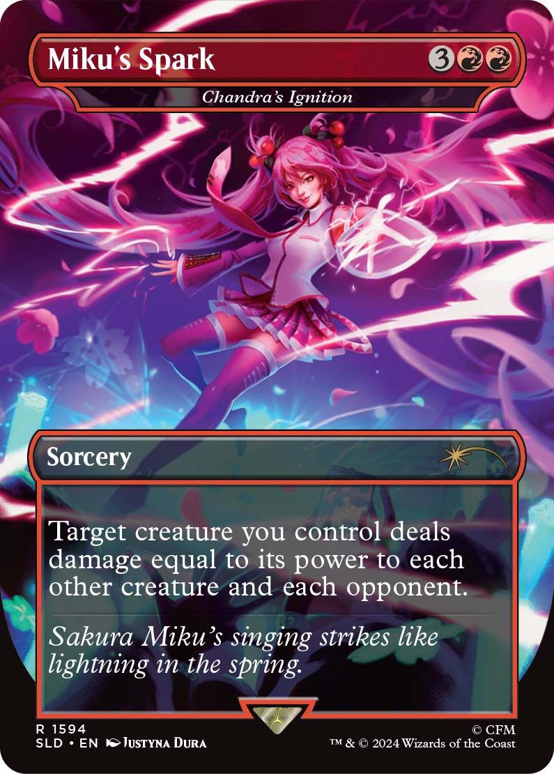 En bild som visar ett kort av Mikue med rosa elektrisk belysning i Secret Lair x Hatsune Miku Magic the Gathering-kortet.