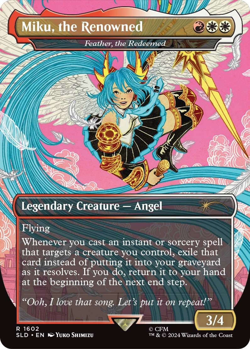 En bild som visar ett kort med Miku som rusar genom himlen med änglavingar i Secret Lair x Hatsune Miku Magic the Gathering-kortet.