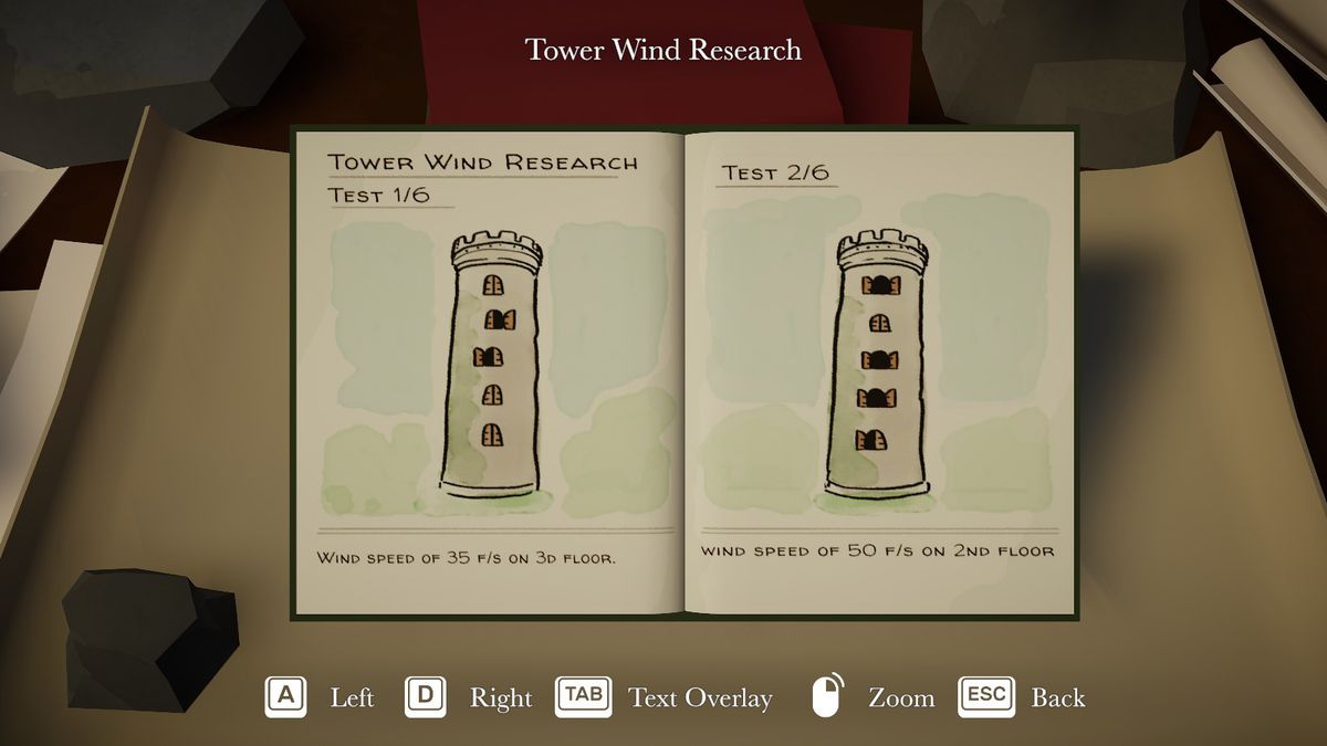 Två torn ritade i en anteckningsbok i Botany Manor.  De visar några fönster på tornet öppna och har vindhastigheter registrerade.