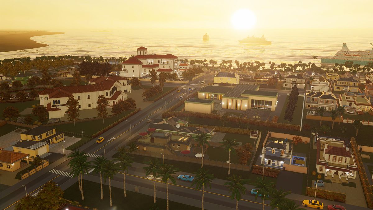 En bild av en stad i Cities: Skylines 2 från Beach Properties DLC.  Det finns hem vid havet, med solen som går ner i horisonten.