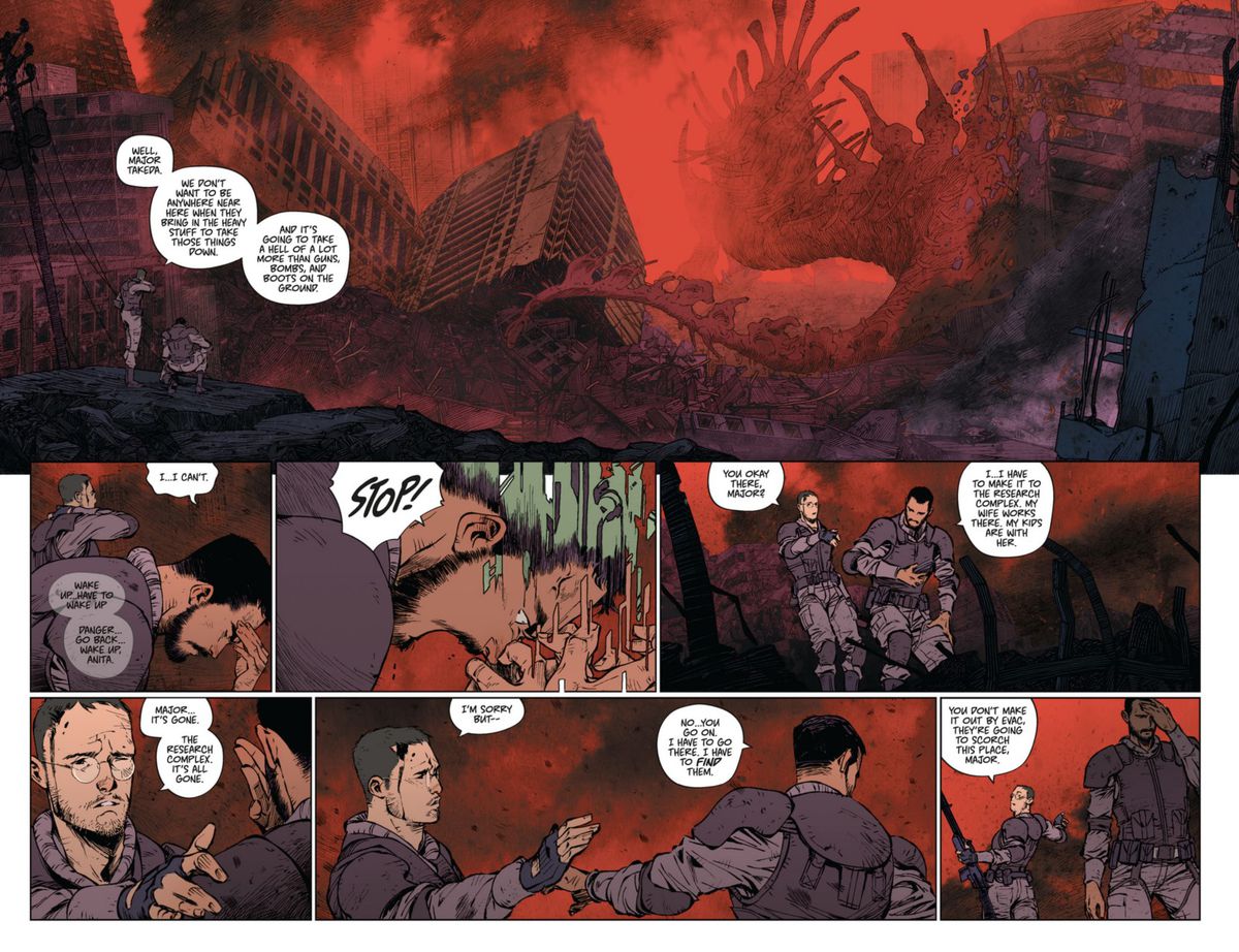 Ett dubbelsidigt uppslag av en soldat som tröstar en annan soldat i ruinerna av en stad full av resterna av ett jättemonster i Dawnrunner #1.
