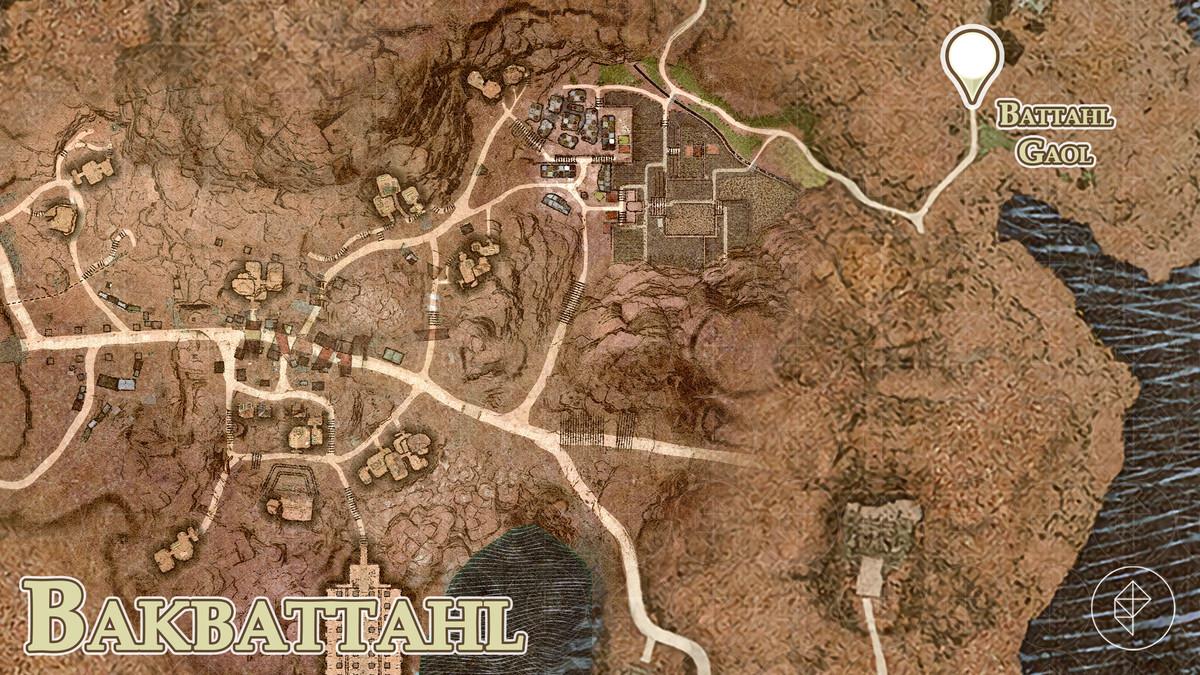 Dragon's Dogma 2-karta som visar platsen för Battahl Gaol i Bakbattahl