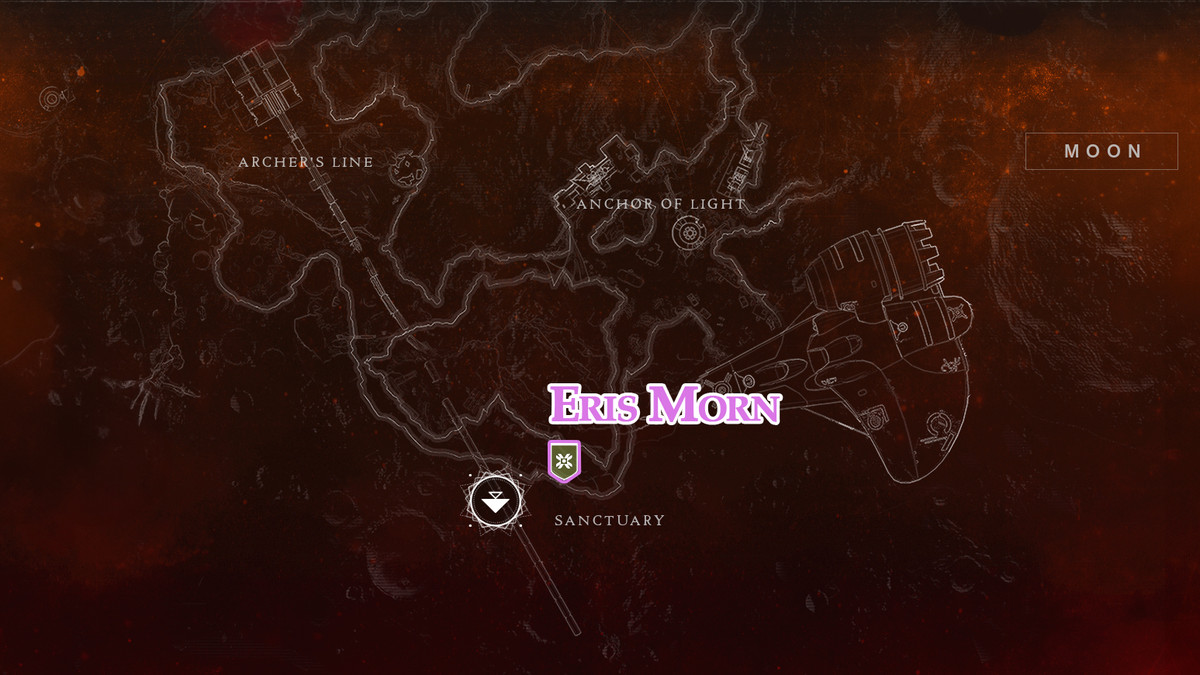 En karta över månen i Destiny 2, som visar platsen för Eris Morn