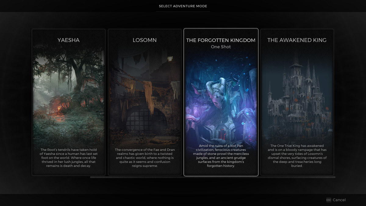 En titt på Adventure Mode-menyn i Remnant 2, som visar spelaren välja The Forgotten Kingdom