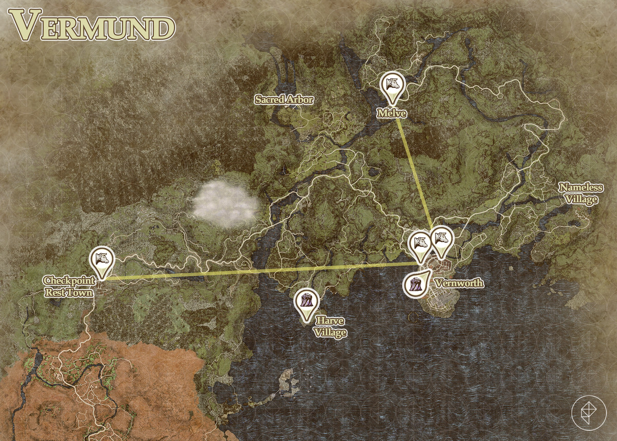 Dragon's Dogma 2-karta med Vermunds oxkärra och portkristallplatser markerade