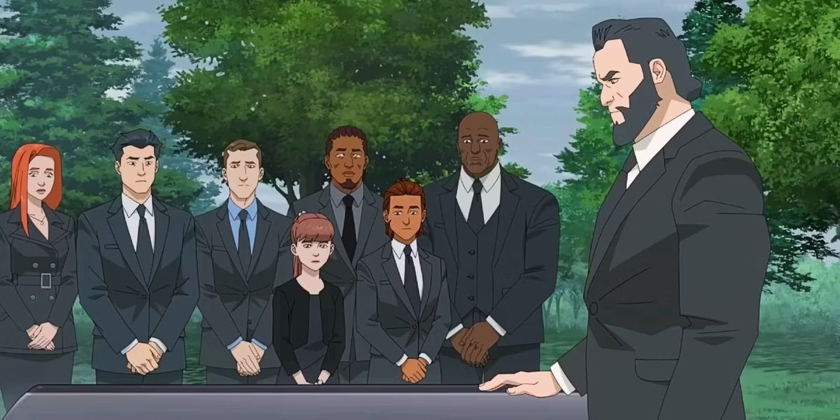 The superheroes from Invincible wear black at Dupli-Kate’s funeral, with the Immortal touching the casket.