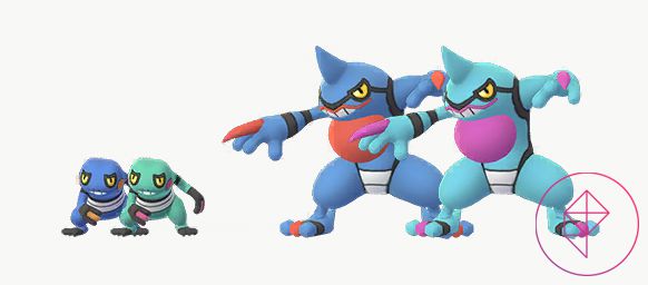 Shiny Croagunk och Toxicroak i Pokémon Go.  Shiny Croagunk blir mintgrön och glänsande Toxicroak blir ljusare blå.