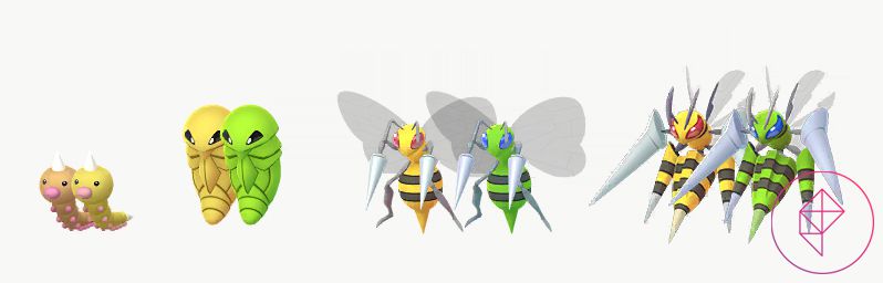 Shiny Weedle, Kakuna, Beedrill och Mega beedrill med sina vanliga former.  Shiny Weedle blir guld, medan resten blir neongrönt.