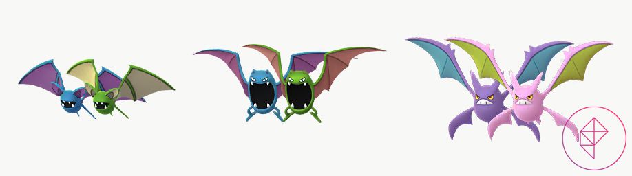 Shiny Zubat, Golbat och Crobat med sina vanliga versioner.  Glänsande Zubat och Golbat blir gröna och glänsande Crobat blir rosa.