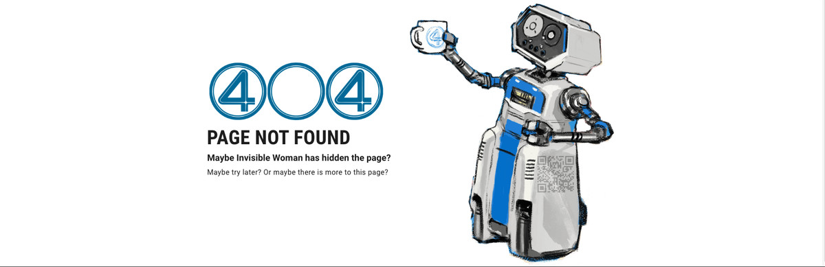 En 404-sida med en illustration av roboten HERBIE och en QR-kod på hans sida.  4:orna är satta i cirklar som Fantastic Four-logotypen.