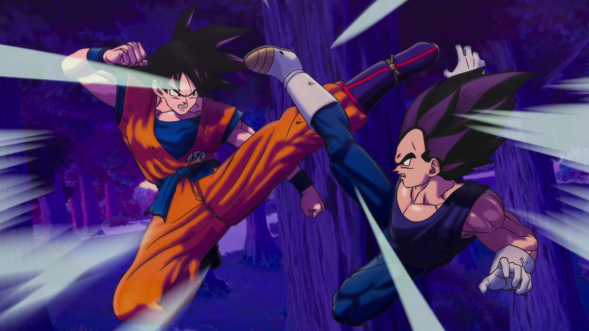 Goku och Vegeta möts i strid i en blå och lila skog i Dragon Ball Super: Super Hero.