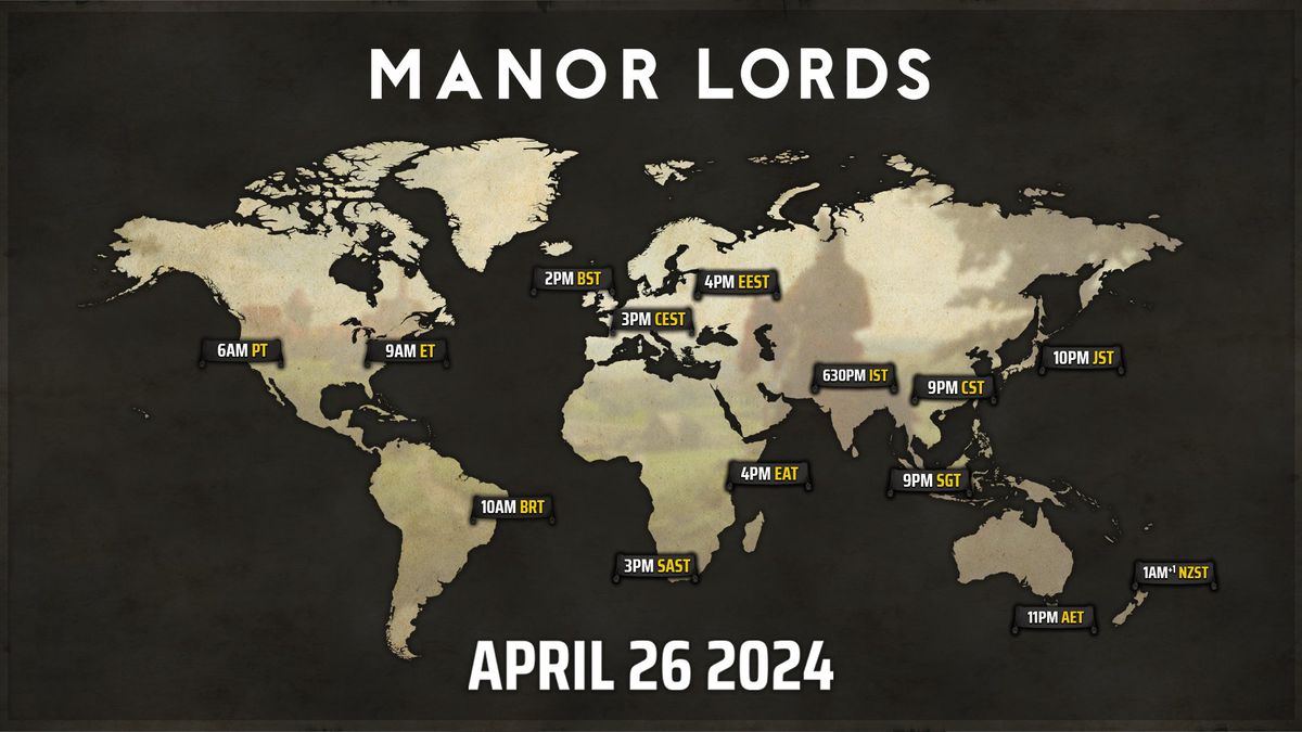 Världskarta som visar Manor Lords releasetider