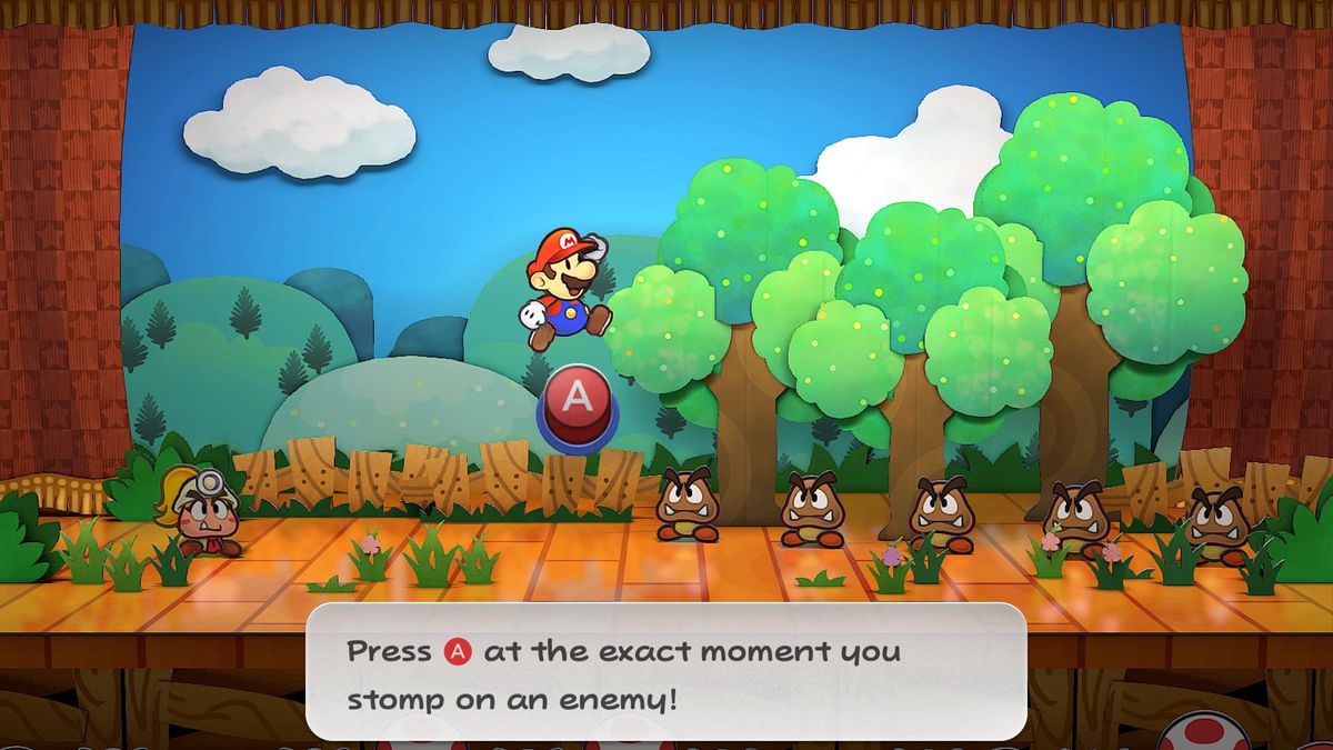 Mario hoppar mot en grupp Goombas i en scenstrid i Paper Mario: The Thousand-Year Door