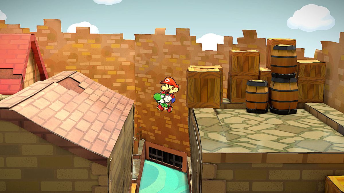 Mario rider på baksidan av en Yoshi för att hoppa över en taklucka i en skärmdump från Paper Mario: The Thousand-Year Door