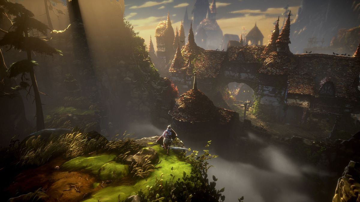 Spelarkaraktären på en klippa med ruinerna av ett slott i fjärran i No Rest for the Wicked